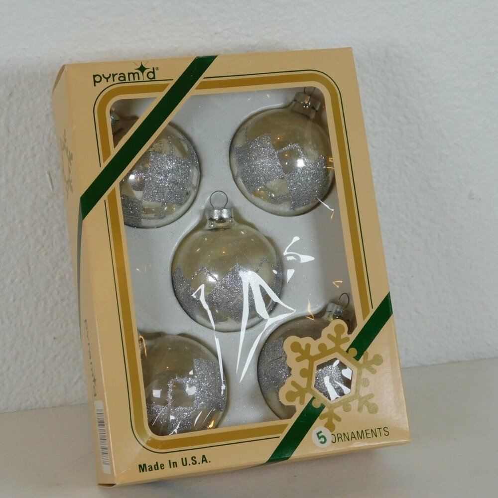 Pyramid Rauch Silver Glitter Christmas Ornaments Lot of 5 Vintage Made USA Box - Picture 5 of 7